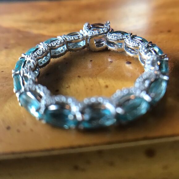 Natural Morganite Blue Apatite Sterling Silver Eternity Ring Size 10 - Picture 6 of 10